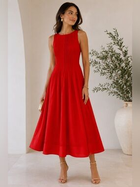 Endless Rose Elegant Pleated Sleeveless Midi Dress Bright Red Polyester